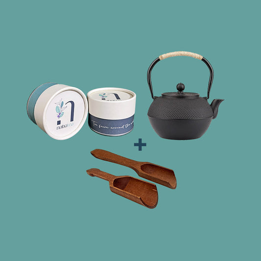 Cast Iron Teapot + 2 Small Tea Containers + Wooden Tea Spoon