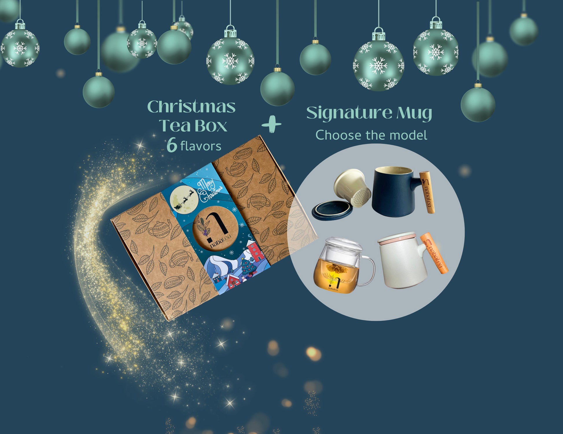 Promotional graphic for Christmas tea box and signature mug with decorative elements on a dark blue background.
