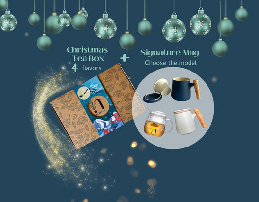 Promotional graphic for Christmas tea box and signature mug with decorative elements on a dark blue background.